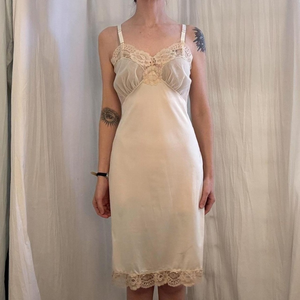 Cream Lace Slip Dress Lace Bodice Chest Vintage 70s Small Coquette Mod Boho